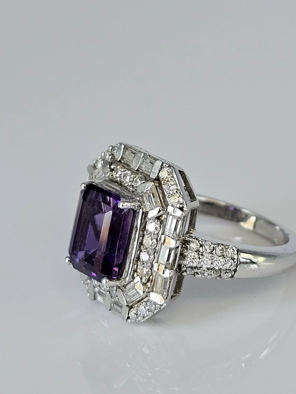 Genuine Amethyst & White Moissanite Ring Sterling Silver Platinum Overlay Sz 7!